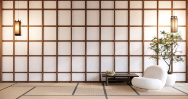 Modern oturma odasında büyük oda tasarımı siyah alçak masa, lamba, vazo ve dekorasyon tarzıyla.