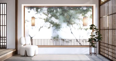 Modern oturma odasında büyük oda tasarımı siyah alçak masa, lamba, vazo ve dekorasyon tarzıyla.