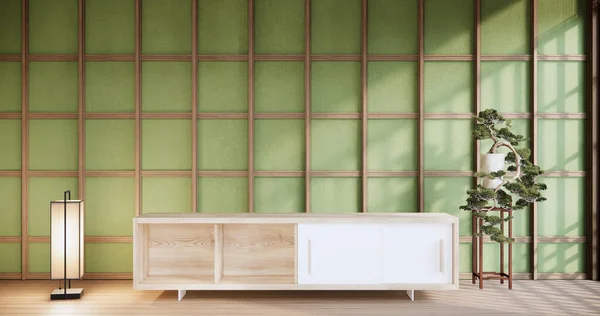 现代日本风格和装饰的橱柜绿色墙壁 3D渲染 — 图库照片