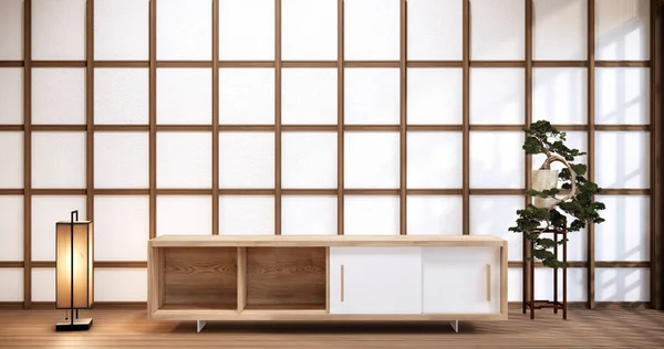 现代日本风格 白色墙壁上装饰有橱柜 3D渲染 — 图库照片