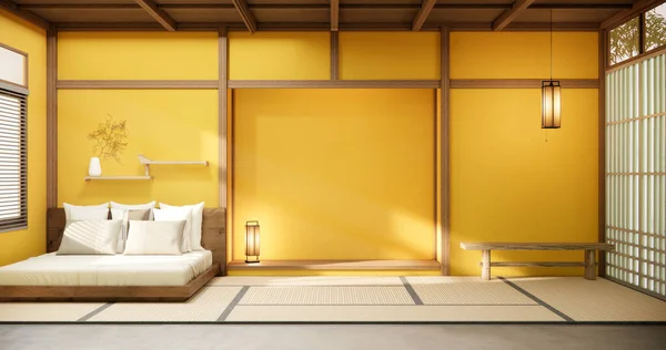 Minimal Kuning Interior Mock Dengan Zen Tempat Tidur Tanaman Dan — Stok Foto