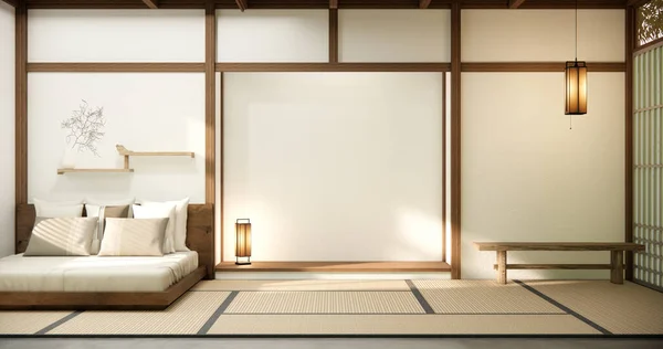 ベッドルームMujiスタイルインテリアデザインはソファWabisabiと装飾Japandiを持っています — ストック写真
