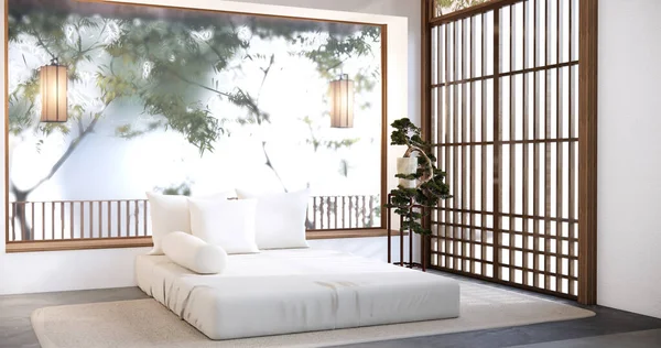 ベッドルームMujiスタイルインテリアデザインはソファWabisabiと装飾Japandiを持っています — ストック写真