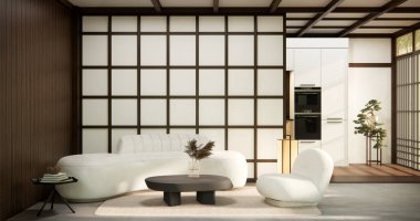 Minimalist japandi tarzı oturma odası kanepeyle süslenmiş.