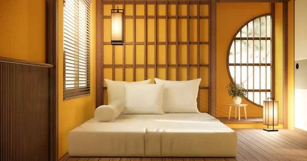 Mínima Maqueta Interior Amarilla Con Planta Cama Zen Decoarción Dormitorio —  Fotos de Stock