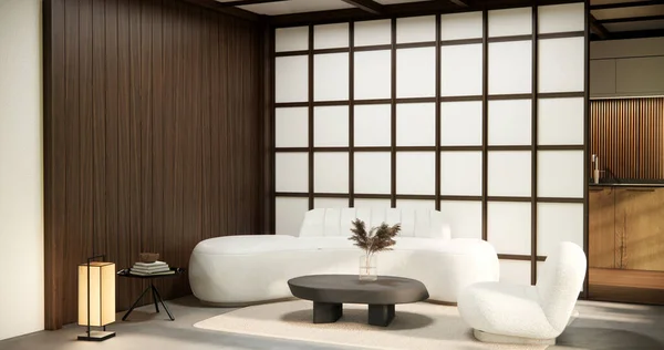 Minimalistiskt Japanskt Vardagsrum Dekorerat Med Soffa — Stockfoto
