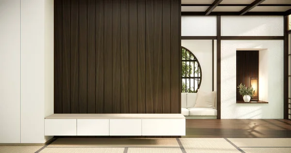 現代の空の部屋でテレビキャビネット日本語 全スタイル 最小限のデザイン — ストック写真