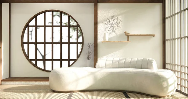 Minimalist Japandi Στυλ Σαλόνι Διακοσμημένο Καναπέ — Φωτογραφία Αρχείου