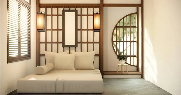 Оригинальная Кровать Интерьер Японском Стиле — стоковое фото