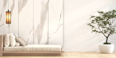 Yatak odası Japon tarzı, modern beyaz, oda minimalisti..