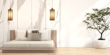 Yatak odası Japon tarzı, modern beyaz, oda minimalisti..