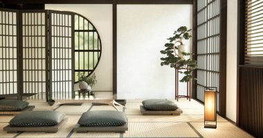 Zen odasının içi alçak masa ve yastıklı ahşap oda Japon tarzında tatami minderli..