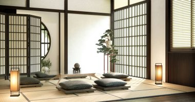 Zen odasının içi alçak masa ve yastıklı ahşap oda Japon tarzında tatami minderli..