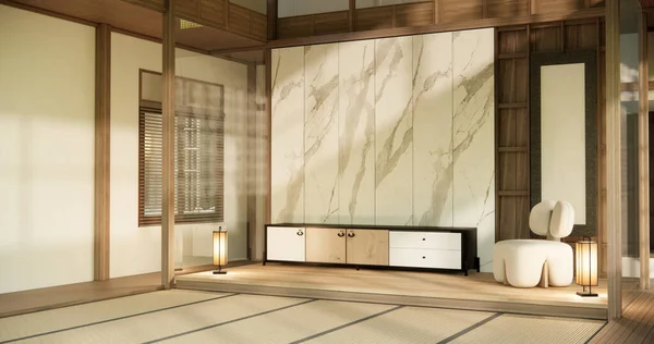 Ντουλάπι Ιαπωνικό Σχεδιασμό Και Πολυθρόνα Στο Σαλόνι Zen Στυλ Κενό — Φωτογραφία Αρχείου