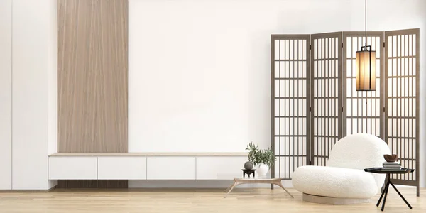 Kabinet Japonský Design Křeslo Obývacím Pokoji Zen Styl Prázdný Stěny — Stock fotografie