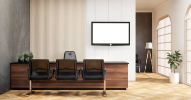 Masa odasındaki iç bilgisayar ve ofis araçları muji tarzı iç tasarım.