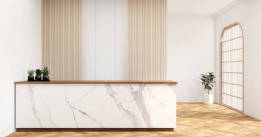 Masa odasındaki iç bilgisayar ve ofis araçları muji tarzı iç tasarım.