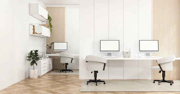 Masa Odasındaki Bilgisayar Ofis Araçları Muji Tarzı Tasarım — Stok fotoğraf
