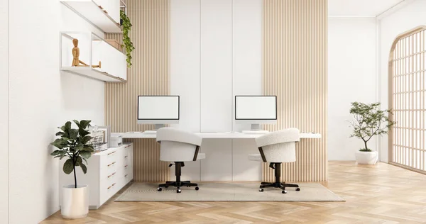 Interior Computadora Herramientas Oficina Sala Escritorio Muji Estilo Diseño Interiores —  Fotos de Stock