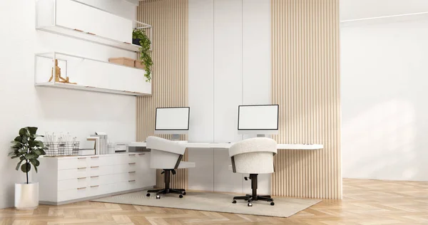 Interior Computadora Herramientas Oficina Sala Escritorio Muji Estilo Diseño Interiores — Foto de Stock