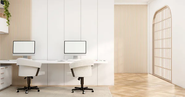 Interior Computadora Herramientas Oficina Sala Escritorio Muji Estilo Diseño Interiores — Foto de Stock