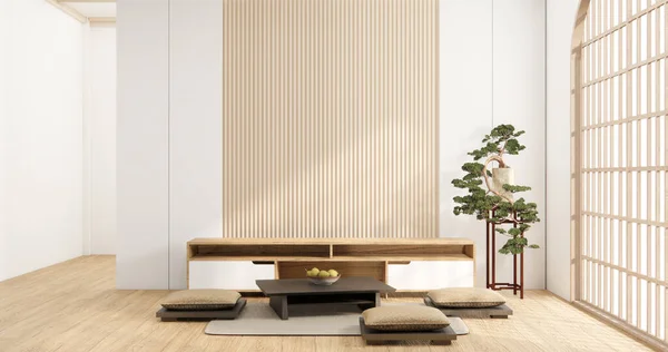 白い部屋のインテリアのモダンなスタイルのムジキャビネットの木のデザイン — ストック写真