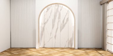 Modern Japon tarzı boş oda beyaz tahta duvarla süslenmiş..