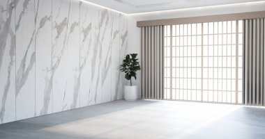 Modern Japon tarzı boş oda beyaz tahta duvarla süslenmiş..