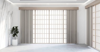 Modern Japon tarzı boş oda beyaz tahta duvarla süslenmiş..