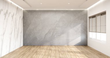 Modern Japon tarzı boş oda beyaz tahta duvarla süslenmiş..