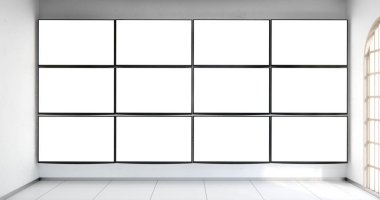 Duvardaki beyaz monitör boş oda, temiz minimalist oda içi.