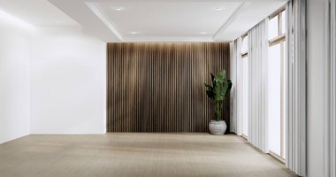 Beyaz boş ahşap oda, Japon odasının içini temizleme, 3 boyutlu görüntüleme.