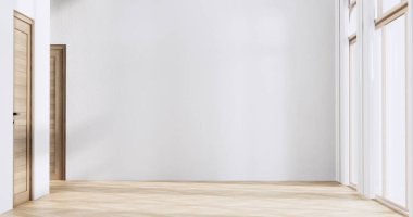 Beyaz boş ahşap oda, Japon odasının içini temizleme, 3 boyutlu görüntüleme.
