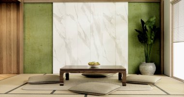 Muji yeşil oturma odası Japon tarzı ve Japon 3D tasarımı için dekorasyon.