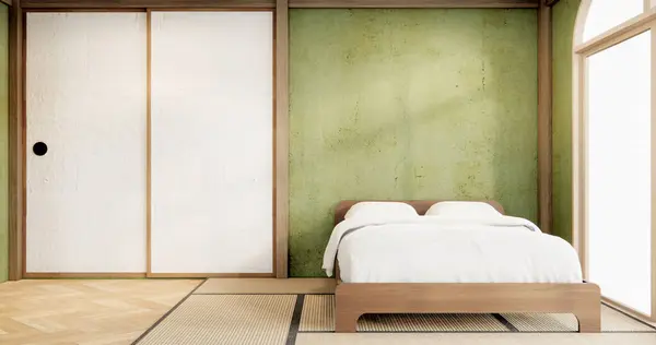 green design on bed room japanese deisgn with tatami mat floor. 3D rendering