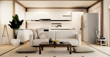 Mockup Muji mutfak odası Japon tarzı minimum iç mekan 3D görüntüleme