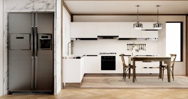 Japon usulü yemek odası. Uzun masa ve japandi odasında tahta sandalyeler..