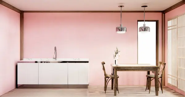 Mockup Rosa Muji Cocina Habitación Japonés Estilo Minimalista Interior —  Fotos de Stock