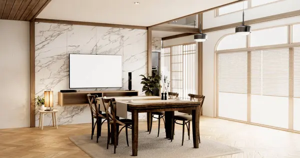 dinner room japanese style with long table and wooden chairs in room japandi.