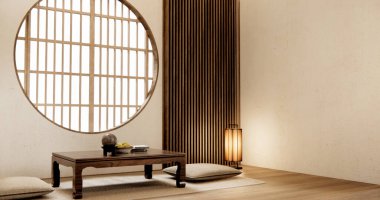 Modern oturma odasında büyük oda iç tasarımı siyah masa, lamba, vazo ve dekorasyon Japon tarzı..