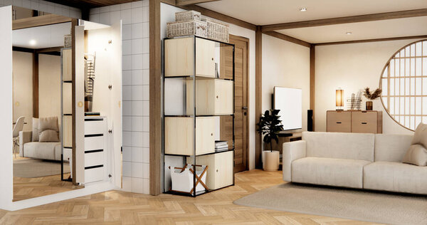 Big room interior design in modern living room with black low table ,lamp ,vase, and decor  Japanese style.