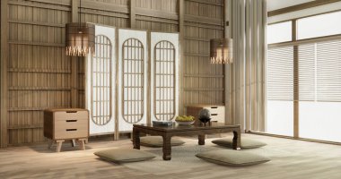 Modern oturma odasında büyük oda iç tasarımı siyah alçak masa, lamba, vazo ve dekorasyon Japon tarzı. 3B görüntüleme