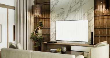 Kanepe ve dekorasyon Japon modern oda iç mimarisi wabisabi tarzı..