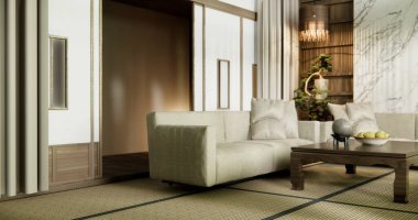 Kanepe ve dekorasyon Japon modern oda iç mimarisi wabisabi tarzı..