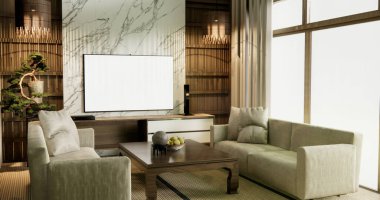 Kanepe ve dekorasyon Japon modern oda iç mimarisi wabisabi tarzı..