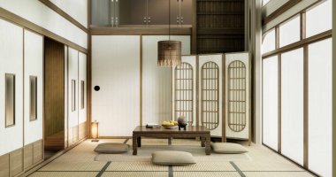 Japon usulü ahşap oda paspaslı yastık ve masa..