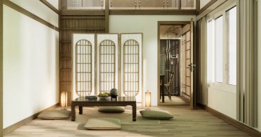 Japon usulü ahşap oda paspaslı yastık ve masa..