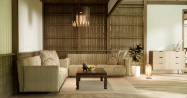 Kanepe ve dekorasyon Japon modern oda iç mimarisi wabisabi tarzı..