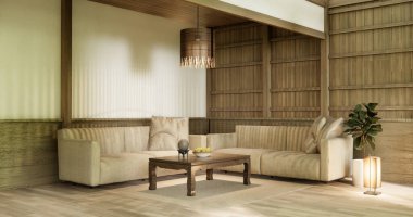 Kanepe ve dekorasyon Japon modern oda iç mimarisi wabisabi tarzı..