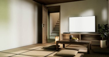 Japon usulü ahşap oda paspaslı yastık ve masa..